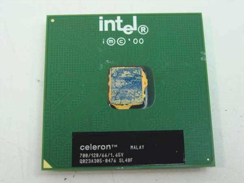 Intel Celeron SL48F 700MHz Socket 370 CPU — top view showing Intel and Celeron labels with 700/128/66/1.65V markings