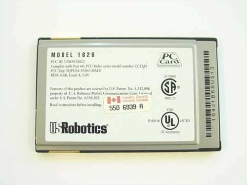 US Robotics Sportster 1626 PCMCIA modem — rear label showing FCC ID, power rating 0.6A 5.0V, certifications, and Industry Canada mark