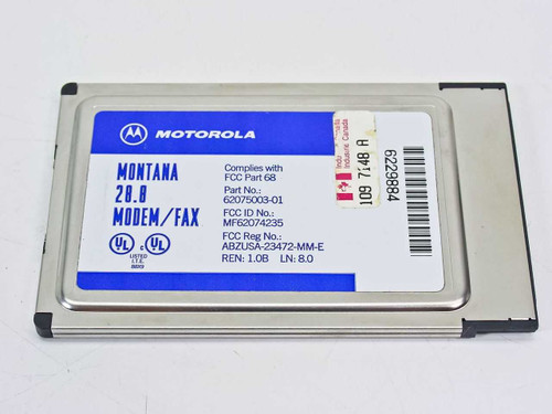 Motorola Montana 28.8 Modem/Fax PCMCIA card – rear label showing part number 62075003-01 and FCC certifications