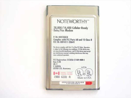Noteworthy NW288CR PCMCIA Modem rear label showing P/N, FCC ID KBT-011-20641, FCC registration, UL listing, and Made in USA markings
