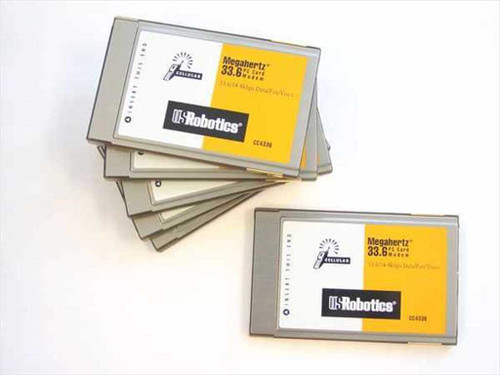 US Robotics Megahertz CC4336 33.6 PCMCIA PC Card modems fanned out — front label view showing USR logo and Megahertz 33.6 branding