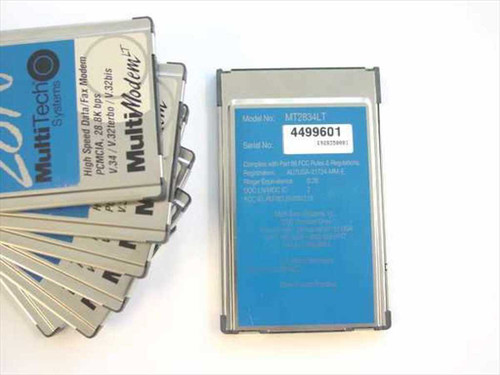 MultiTech MT2834LT PCMCIA modem card rear label showing model number MT2834LT, serial number, and FCC compliance information