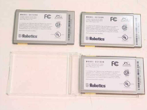 US Robotics Megahertz CC1336 PCMCIA modem cards rear label view — showing FCC, CSA, UL certifications and PC Card designation, three units