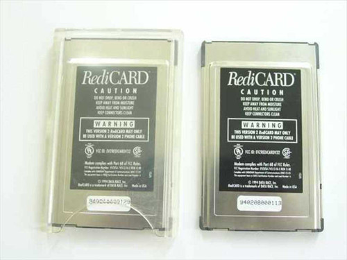 Data Race RediCARD Version 2 PCMCIA modem — rear label view of both units showing caution/warning text and FCC registration numbers