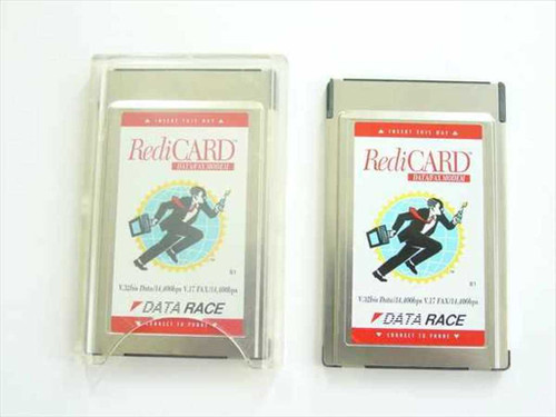Data Race RediCARD Version 2 PCMCIA modem — front label view showing two units, one in plastic case and one without