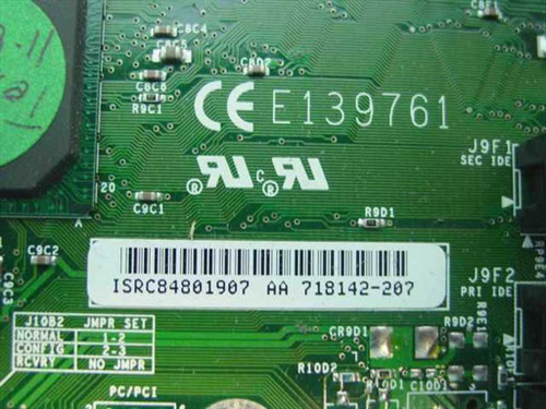 Intel AA 718142-207 motherboard label close-up showing part number ISRC84801907, AA 718142-207, CE E139761, and jumper configuration table