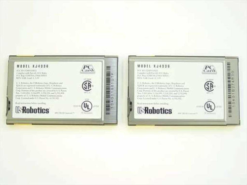 US Robotics Megahertz XJ4338 PCMCIA modem cards — rear label showing model number, FCC ID, and compliance markings, two units