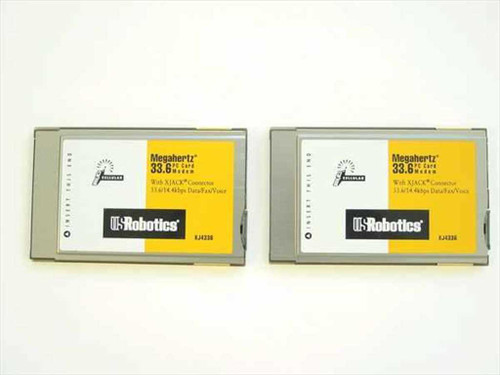 US Robotics Megahertz XJ4338 33.6K PCMCIA PC Card modems — front face showing yellow and gray label, two units