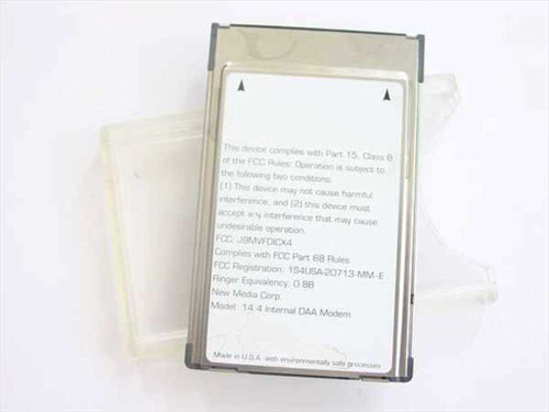 New Media Corporation 14.4 Internal DAA Modem — rear label showing FCC ID J9MVFDICX4, FCC Registration, Ringer Equivalency 0.8B, and Made in USA marking