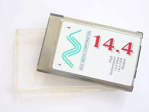 New Media Corporation 14.4 Data Fax PCMCIA Modem Card — front label view showing brand logo and 14.4 designation, with clear plastic protective case