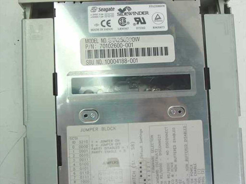 Seagate STA250000W top label showing Model No. STA250000W, P/N 70102600-001, SBU No. 10004188-001, and SCSI jumper block diagram