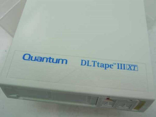 Close-up of Quantum DLTtape III XT branding label on front face of white tape cartridge
