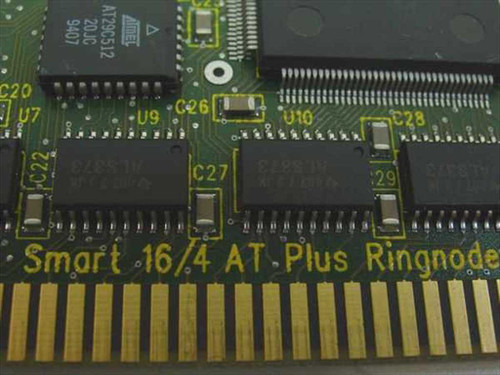 Madge Smart 16/4 AT Plus Ringnode ISA card – close-up of PCB edge showing 'Smart 16/4 AT Plus Ringnode' silkscreen and ISA gold fingers