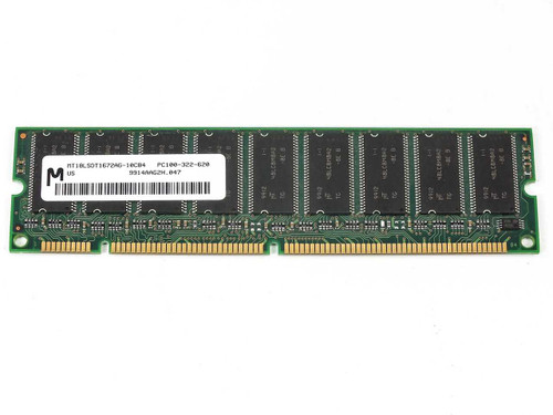 Micron MT18LSDT1672AG 128MB PC100 ECC SDRAM DIMM – front component side showing label with part number MT18LSDT1672AG-10CB4 and PC100-322-620