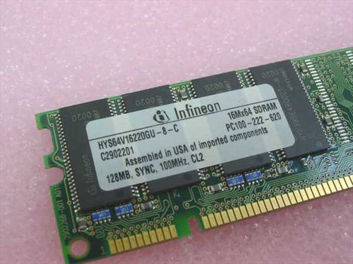 Infineon HYS64V16220GU label close-up showing HYS64V16220GU-8-C, PC100-222-620, 128MB SYNC 100MHz CL2 markings