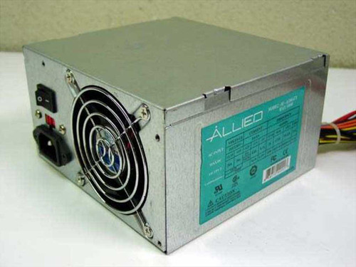 Allied AL-A300ATX 300W ATX power supply – front and left side view showing IEC AC inlet, power switch, and 80mm cooling fan