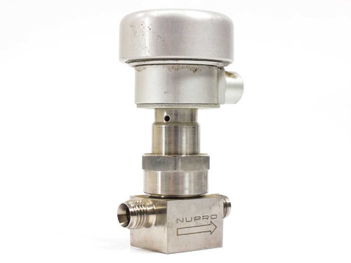 Nupro SS-4BK-91NC bellows valve — rear-left angle view showing Nupro brand logo arrow and pneumatic actuator dome