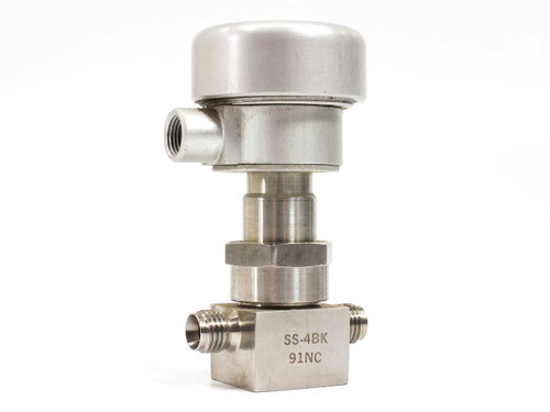 Nupro SS-4BK-91NC pneumatic actuated bellows valve — front-left angle view showing model markings SS-4BK and 91NC on valve body