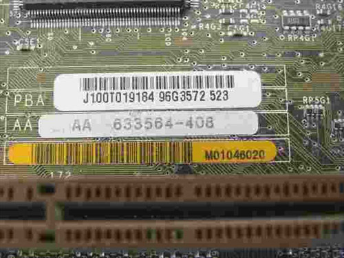 IBM 11H9622 motherboard label close-up showing part numbers AA633564-408, PBA J100T019184, and barcode sticker 96G3572 523