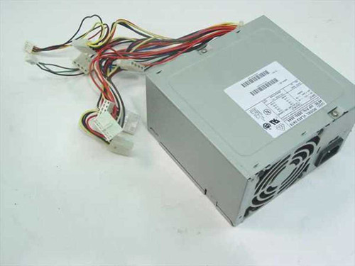 HP Astec VL202-3415 160W AT power supply front-right view showing housing, fan, and output wiring harness