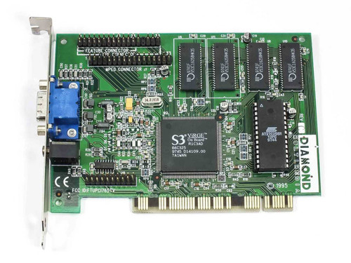 Diamond Stealth 3D 2000 PCB front showing S3 ViRGE On Board chip, Feature Connector, MPEG Connector, and Diamond branding