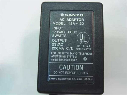Sanyo 12A-120 AC Adapter Input:120VAC 60Hz, 8W Output: 23VAC 200mA for TRA 9903