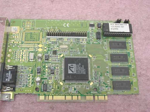 ATI MACH64 VT PCI video card component side showing ATI GPU, memory ICs, PCI-MACH64 VT label 113-36303-107, and I/O header