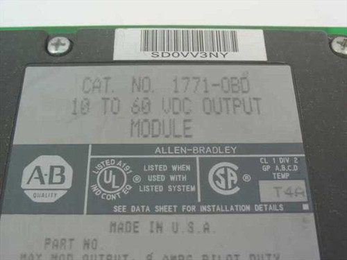 Allen-Bradley 1771-OBD label showing Cat. No. 1771-OBD, 10 to 60 VDC Output Module, UL and CSA certifications, Made in USA