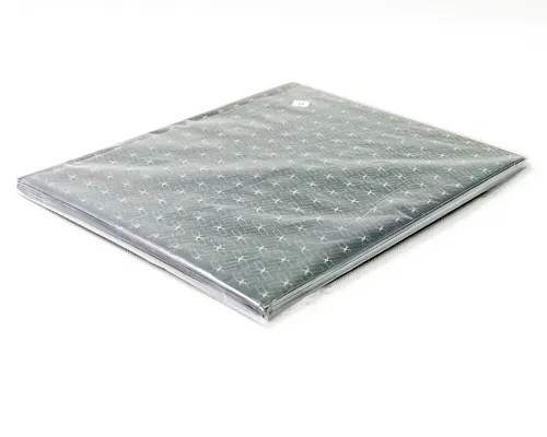 Nanosolar NanoCell 2.6W flexible CIGS solar cell in sealed clear plastic packaging — top view