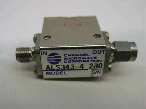 Channel Microwave Corporation ALS343-4 Coaxial Isolator – front label view showing model number, IN/OUT ports, and S/N 280
