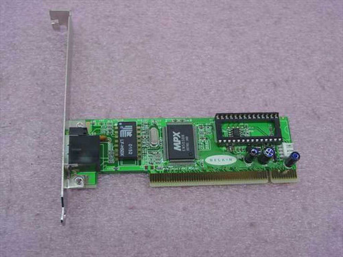 Belkin F5D5000 PCI Ethernet network card – top component side showing MPX controller chip, RJ45 port, and PCI edge connector