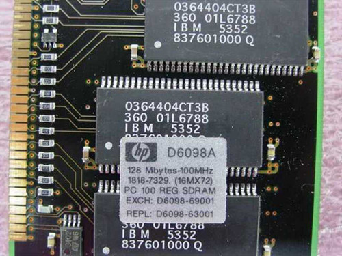 HP D6098-63001 label closeup showing D6098A, 128MB 100MHz, 16Mx72, IBM 5352 and part numbers
