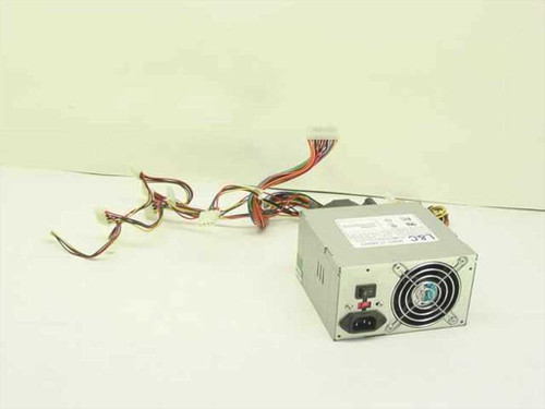 L&C LC-A400ATX ATX power supply front and side view showing AC inlet, power switch, fan, and output cable harness