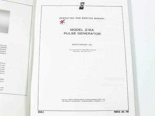 HP 216A Pulse Generator manual title page showing publication number 02538-2, serial prefix 619+, and August 1966 print date