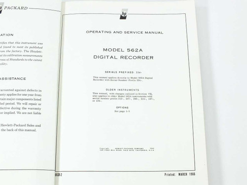 HP 562A Digital Recorder manual title page showing model, serial number coverage, print date March 1966, and part number 01331-2