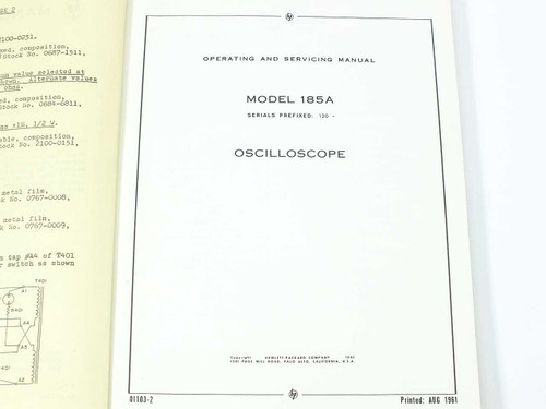 HP 185A Oscilloscope Operating and Servicing Manual interior title page showing part number 01103-2 and print date August 1961