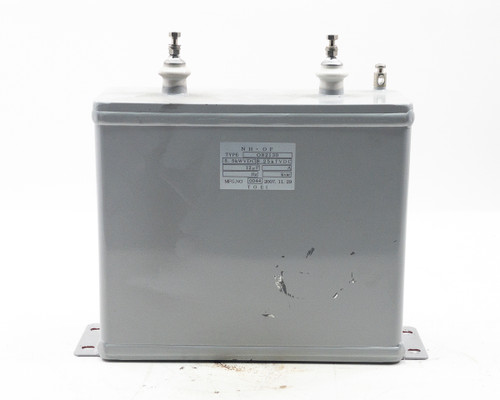 TOEI O82130 high voltage capacitor – front view showing gray steel tank body and white label with specifications