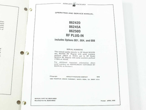 HP 86245-90001 manual title page showing model numbers 86242D, 86245A, 86250D, options covered, serial number prefix information, manual and microfiche part numbers, and April 1978 print date