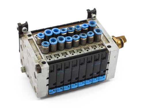 Festo CPV-10-VI 8-station pneumatic solenoid valve manifold — top and front view showing blue push-in fittings and solenoid valve bodies