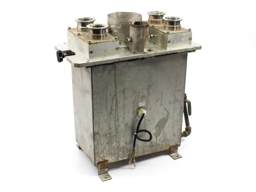 Aluminum vacuum fluid chamber showing rear panel, electrical lead, and side sight-glass valve assembly — rear-left 3/4 view