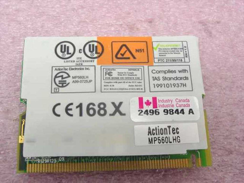 ActionTec MP560LHG Mini PCI modem card — component side showing UL, FCC, CE168X, and Industry Canada certifications and MP560LHG model label