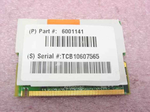 ActionTec MP560LHG Mini PCI modem card — label side showing Gateway part number 6001141 and serial number barcode