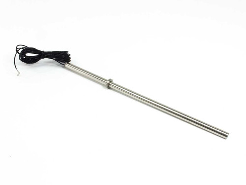 Watlow G11E-14328 FIREROD cartridge insertion heater full length view with black lead wires coiled at hilt