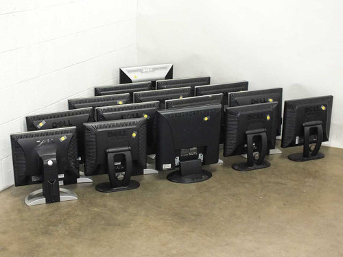 Lot of 15 Dell LCD monitors rear view showing back panels, ports, and Dell branding labels