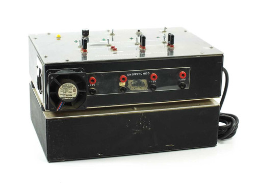 Rockwell Display Module Supply Controller rear view showing UNSWITCHED banana-jack outputs labeled +12V, +5V, -12V, +28V, Papst cooling fan, and AC power cord