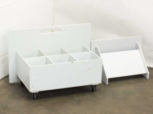 Plastic 6-section acid mix bath with lid open revealing six individual compartments – caster wheels visible