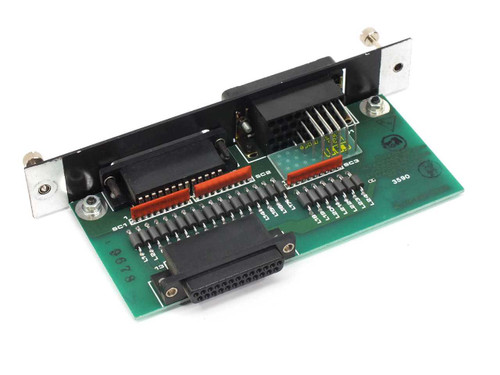 Datatel DCP3280 PCB31812 Interface Board — angled rear view showing connector side with red and orange jumper headers
