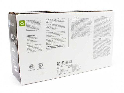 HP CF280A 80A toner cartridge box — rear view showing part number CF280-00901 and multilingual product information