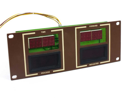 Drytek 2800042 display board front view showing TIME, PROCESS, FORWARD, and REFLECTED 7-segment LED indicators on brown panel with harness wiring