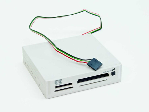 Unbranded 4-in-1 internal USB card reader three-quarter top view showing white 3.5-inch bay housing and Molex connector lead